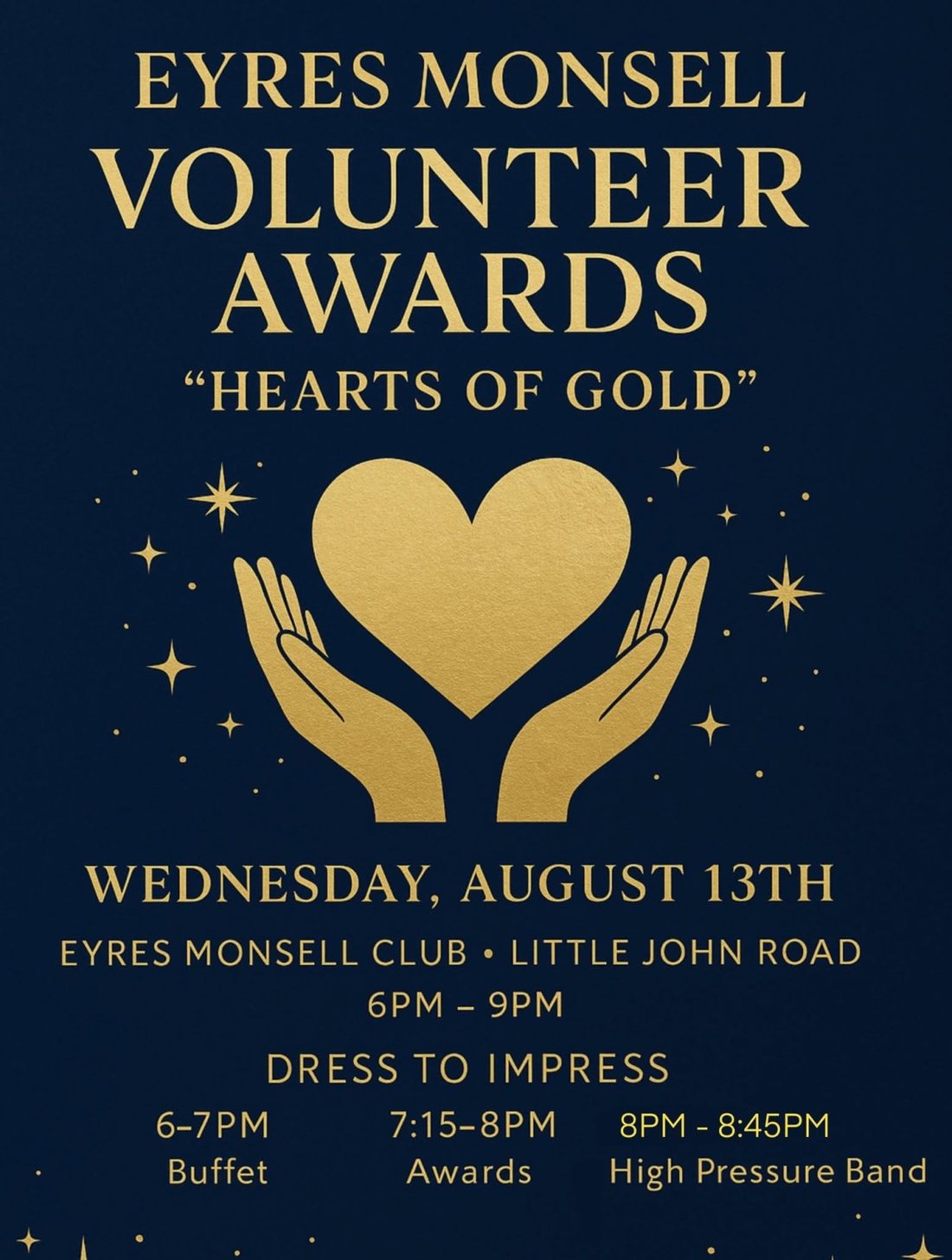 Eyres Monsell Volunteer Awards Hearts of Gold poster, Wednesday 13 August